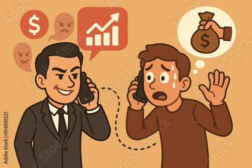 Cartoon vector illustration of phone scammer deceiving victim with fake investment scheme, financial fraud, telephone phishing, social engineering, money theft, online scam, cyber crime concept