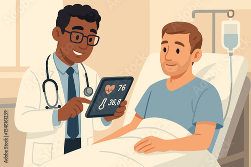 Doctor monitoring patient vital signs digital tablet hospital room. Medical checkup, healthcare technology, doctor with stethoscope, patient bed, infusion, clinical visit vector illustration