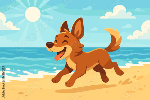 Happy cartoon dog running on sunny sandy beach, playful pet with wagging tail, ocean waves, bright sun, clear blue sky, summer vacation, cheerful animal, fun outdoors scene, vector illustration