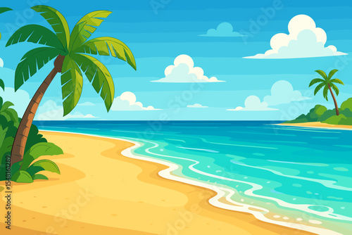 Idyllic tropical beach with golden sand, turquoise crystal clear sea, palm trees, blue sky, fluffy clouds. Vector cartoon landscape. Summer paradise island coast, exotic shoreline, serene seascape
