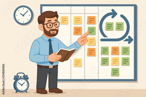 Agile project manager planning sprints with scrum task board, sticky notes, time management, workflow organization, iterative development, business productivity, vector cartoon illustration