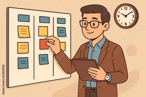 Agile project manager planning tasks on kanban scrum board, time management, workflow organization, productivity, office teamwork, business strategy, cartoon vector illustration