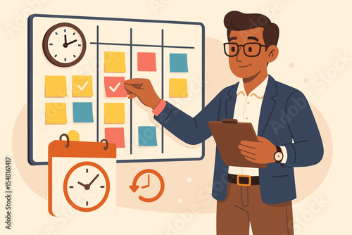 Project manager organizing workflow using scrum board for efficient time management. Task scheduling, business planning, productivity strategy. Agile methodology, vector illustration concept.