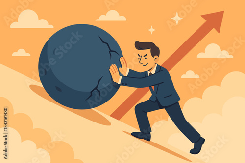 Determination Perseverance Success Concept Businessman Pushing Heavy Boulder Uphill Overcoming Obstacles Achieving Goals Personal Growth Resilience Motivation Vector Cartoon Illustration