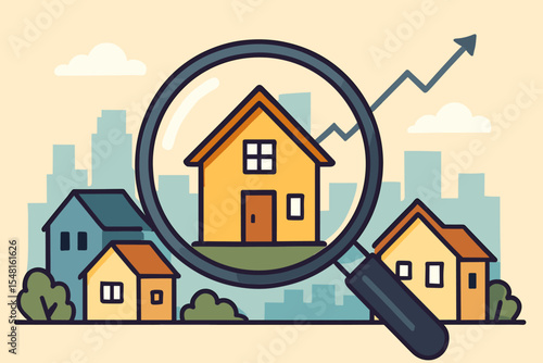 Real estate investment concept illustration with magnifying glass examining suburban homes property market analysis investment search housing growth arrow urban realty evaluation cartoon vector scene