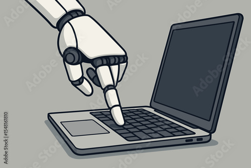 Robotic hand pressing laptop keyboard key, artificial intelligence automation, machine learning technology concept, futuristic robot finger computer interaction, digital innovation vector illustration