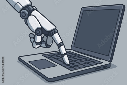 Robotic hand pressing laptop keyboard, artificial intelligence automation concept. Futuristic robot finger at computer, machine learning, digital technology, innovation, vector cartoon illustration