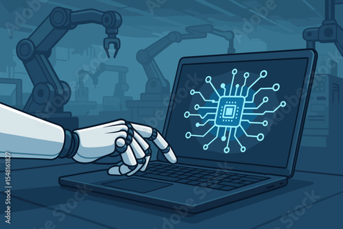 Robotic hand operating laptop with digital microchip network, smart factory automation, AI technology, industrial robotics, cybernetic control system in advanced futuristic manufacturing environment