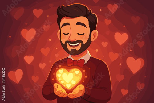 Romantic man holding glowing heart in hands, surrounded by bokeh lights and love hearts, Valentine's Day celebration, affectionate cartoon vector illustration, romantic gesture, warmth and care