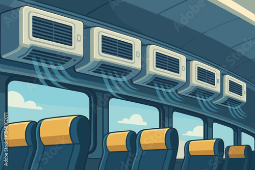 Modern passenger bus interior with powerful air conditioning units blowing cool air, comfortable seats, large panoramic windows, summer travel comfort, vector cartoon illustration