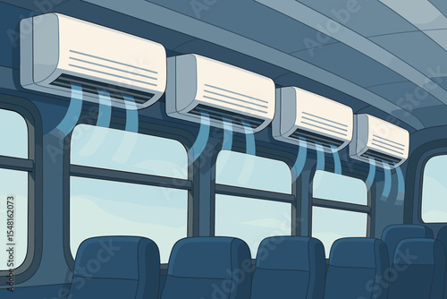 Modern air conditioning units cooling interior of passenger bus, vector cartoon illustration, comfortable transportation, HVAC system, cooling airflow, blue seats, large windows