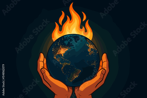 Hands holding burning planet Earth with glowing city lights representing global energy consumption at night. Concept climate change, global warming, environmental campaign, save world, energy crisis.