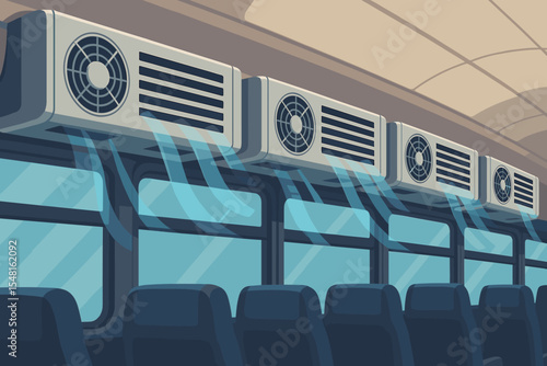 Powerful Air Conditioning Units Cooling Modern Bus Interior, Vector Illustration of Public Transport, Climate Control, Ventilation System, Comfortable Passenger Seating, Urban Travel Concept