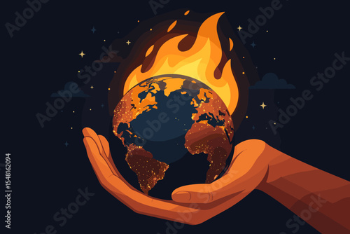 Save the world energy illustration. Human hands cradle a glowing Earth at night with city lights aglow and a blazing flame, symbolizing global energy consumption.