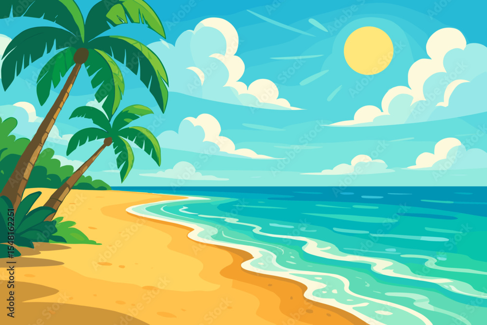 Fototapeta premium Tropical paradise beach illustration with golden sand shoreline, gentle turquoise waves, leaning coconut palm trees, lush green foliage, bright sun and fluffy clouds in a sunny summer vacation scene