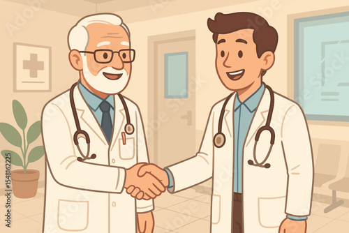 Medical teamwork and mentorship concept, senior and young doctors shaking hands in hospital, healthcare professionals collaboration, partnership, support, agreement, cartoon vector illustration