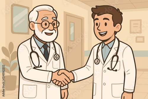 Senior and Young Doctors Shaking Hands in Hospital Hallway, Teamwork, Mentorship, Collaboration, Medical Professionals Partnership, Stethoscope, Healthcare Staff Cooperation, Vector Illustration