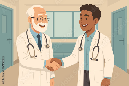 Senior and Junior Doctors Shaking Hands in Hospital Corridor, Medical Teamwork Collaboration, Mentorship, Partnership, Multigenerational Healthcare Professionals, Stethoscopes, Vector Illustration