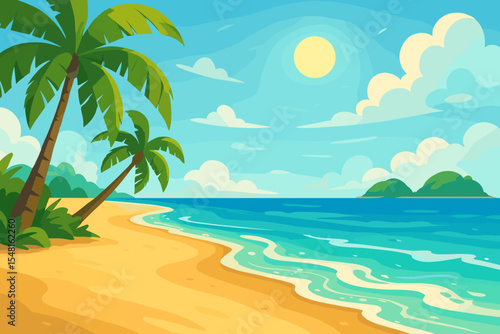 Serene tropical beach with gentle waves, golden sand and lush palm trees under a bright summer sky, ideal for relaxation, vacation, seaside travel, tropical paradise and outdoor adventure