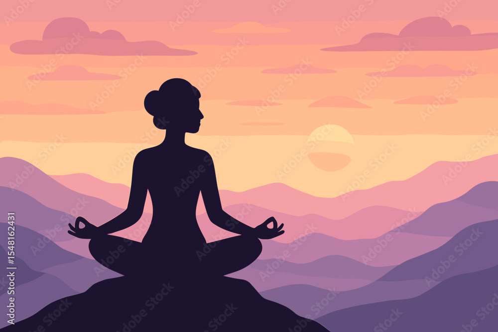 Serene silhouette of woman meditating in lotus pose on mountain peak at pastel sunset, peaceful mindfulness, yoga and meditation, tranquil landscape, relaxation, self-care vector illustration Serene silhouette of woman meditating in lotus pose on mountain peak at pastel sunset, peaceful mindfulness, yoga and meditation, tranquil landscape, relaxation, self-care vector illustration
