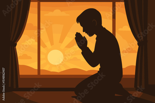 Silhouette of person kneeling in prayer with hands clasped at sunrise, peaceful morning meditation indoors, spirituality and hope, sun rays through window, faith concept illustration vector