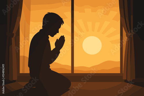 Silhouette of Person Praying Indoors at Sunrise, Hands Clasped in Respect, Peaceful Meditation, Hope, Spiritual Connection, Sun Rays Through Window, Faith Concept, Tranquil Morning Scene