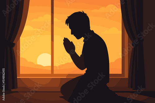 Silhouette of person praying respectfully on knees at sunrise in peaceful room interior, spirituality, meditation, faith, calm morning reflection, hope, prayer at window, vector illustration