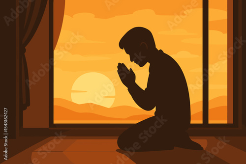 Silhouette of person praying in peaceful room at sunrise, spiritual meditation, faith, hope, devotion, morning ritual, calm atmosphere, contemplative interior, vector illustration