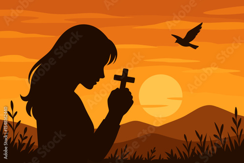 Silhouette woman praying holding cross at sunset. Faith, hope, religion, spirituality. Flying bird, peaceful nature landscape, mountains, evening sky. Christian meditation, prayer, hope vector