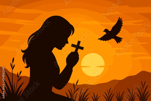 Silhouette woman praying with cross, flying bird, peaceful faith, spiritual hope, sunset landscape, nature, Christian devotion, serenity, religion, evening sky, vector illustration