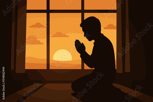 Silhouette person praying at sunrise in room, peaceful meditation, spiritual reflection, religious devotion, morning prayer, contemplation, hope, calm interior, window, faith concept illustration
