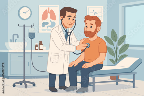 Skilled doctor examining patient with stethoscope in modern hospital clinic room, healthcare consultation, medical checkup, patient care, cartoon vector illustration