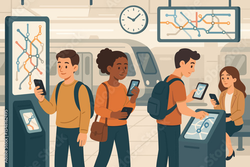 Urban subway station navigation. Diverse passengers using smartphones, touch screens, and digital maps. Modern public transport technology. Metro travel, route planning, commute, vector illustration.