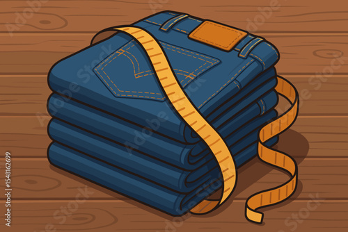 Stack of folded blue denim jeans with yellow measuring tape on rustic wooden table. Clothing sizing and tailoring concept illustration. Fashion retail measurement vector design for apparel