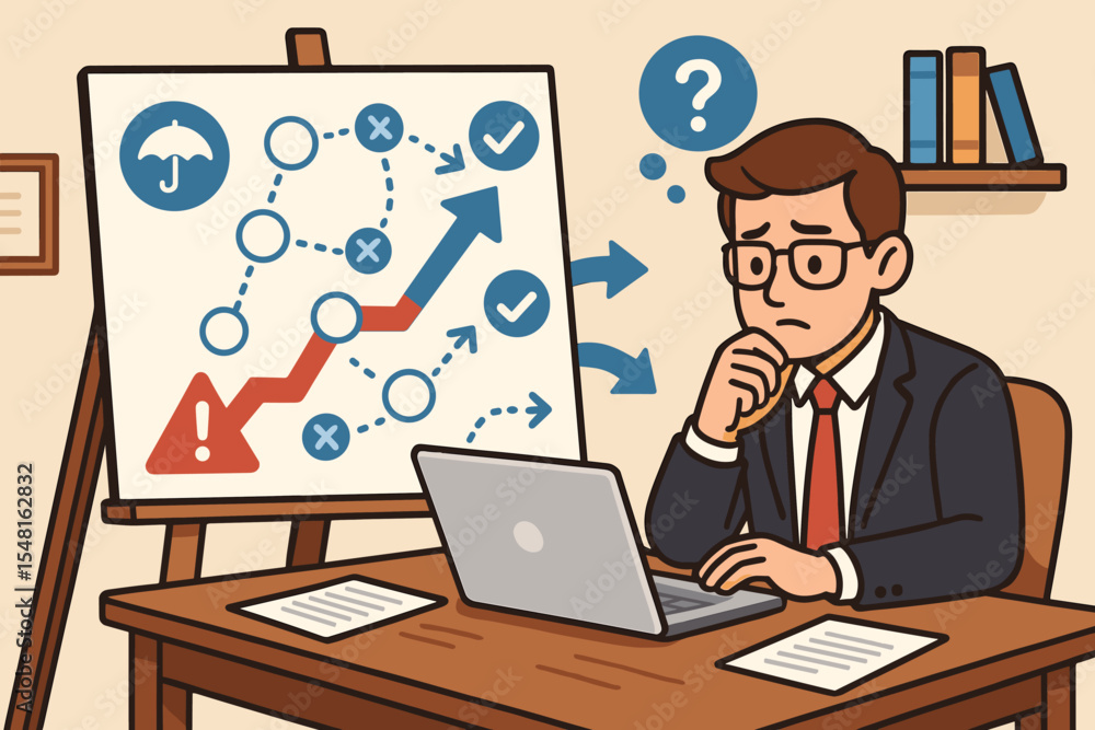 Strategic Planning Risk Management Business Solution Concept. Contingency Backup Decision Path. Strategy Option Map. Problem Solving Analysis. Cartoon Office Vector. Workflow Direction Illustration Strategic Planning Risk Management Business Solution Concept. Contingency Backup Decision Path. Strategy Option Map. Problem Solving Analysis. Cartoon Office Vector. Workflow Direction Illustration