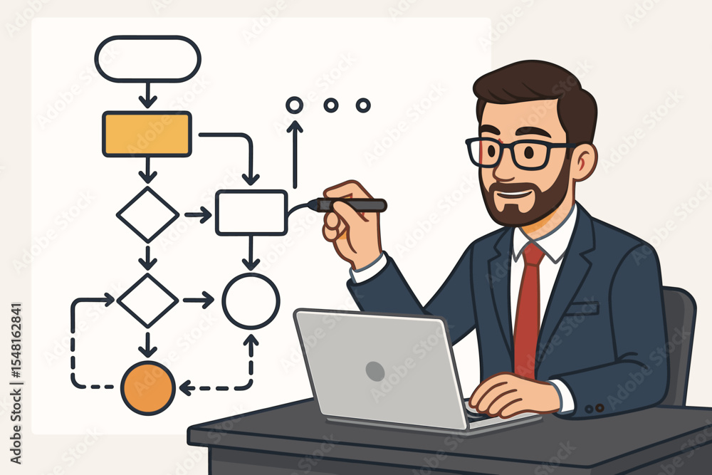 Businessman Analyzing Workflow Process Chart. Strategic Planning, Business Process Management, Flowchart Analysis, Project Management, Decision Making. Office Vector Illustration Businessman Analyzing Workflow Process Chart. Strategic Planning, Business Process Management, Flowchart Analysis, Project Management, Decision Making. Office Vector Illustration