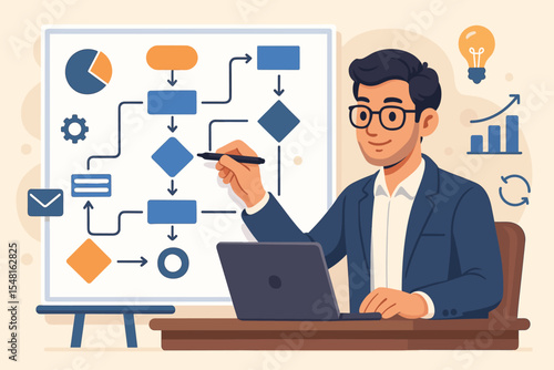 Business Strategist Creating Process Workflow Diagram. Vector Illustration of Professional Planning Corporate Strategy, Analyzing Charts, Optimizing Operations, Project Management, Data Visualization