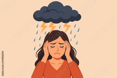 Sad woman overwhelmed by anxiety and stress, storm cloud with lightning and rain symbolizing depression, emotional crisis, mental health struggle, psychological distress, vector illustration
