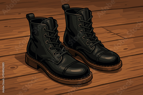 Classic black leather lace-up boots on rustic wooden floor. Fashion footwear, men’s shoes, vintage combat style, elegant footwear accessory, realistic vector cartoon illustration for design concepts