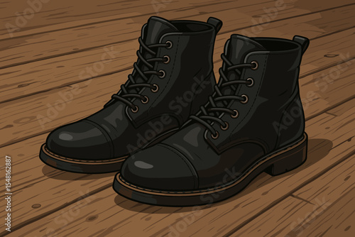 Classic Black Leather Lace-Up Men’s Boots on Rustic Wooden Floor Vector Illustration, Realistic Fashion Footwear, Stylish Casual Accessories, Vintage Retro Shoe Design Concept