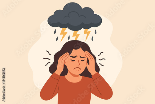 Depressed anxious woman under storm cloud. Mental health stress, emotional crisis, sadness, depression, anxiety attack. Female holding head. Vector illustration for psychology, therapy, burnout.