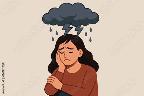 Sad woman with storm cloud and lightning above head, rain drops, stress and anxiety concept, mental health crisis, depression, overwhelmed emotions, psychological pressure, vector illustration