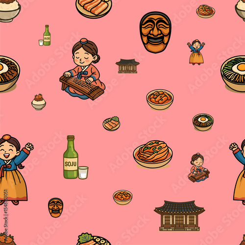 vector seamless pattern about korean culture with pink background