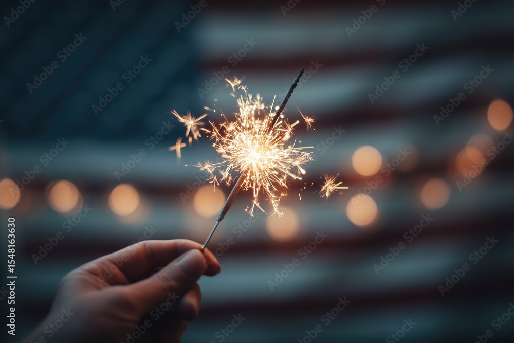 Fototapeta premium Joyful celebration with a sparkler glowing against a softly focused American flag backdrop