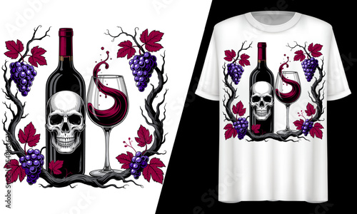 Skull with Wine Bottle, Glass, and Grapes, T-Shirt Design.
