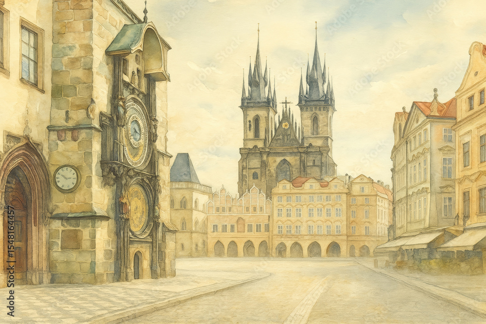 A watercolor illustration of Prague's Old Town Square, showcasing the Prague Astronomical Clock and the Church of Our La A watercolor illustration of Prague's Old Town Square, showcasing the Prague Astronomical Clock and the Church of Our La