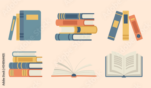Flat style stack of books and open book collection