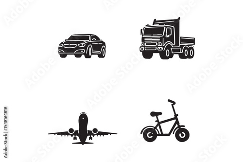 Modern Transportation Silhouette Icons Car, Truck, Plane, Bicycle Set