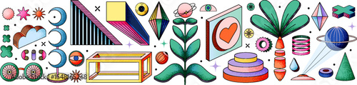 Psychedelic dimensions and art. Modern linear vector illustrations of abstract shapes, 3d objects with contour rectangle, flower, cloud, eye, heart, otherworldly objects, esoteric, abstract, surreal	