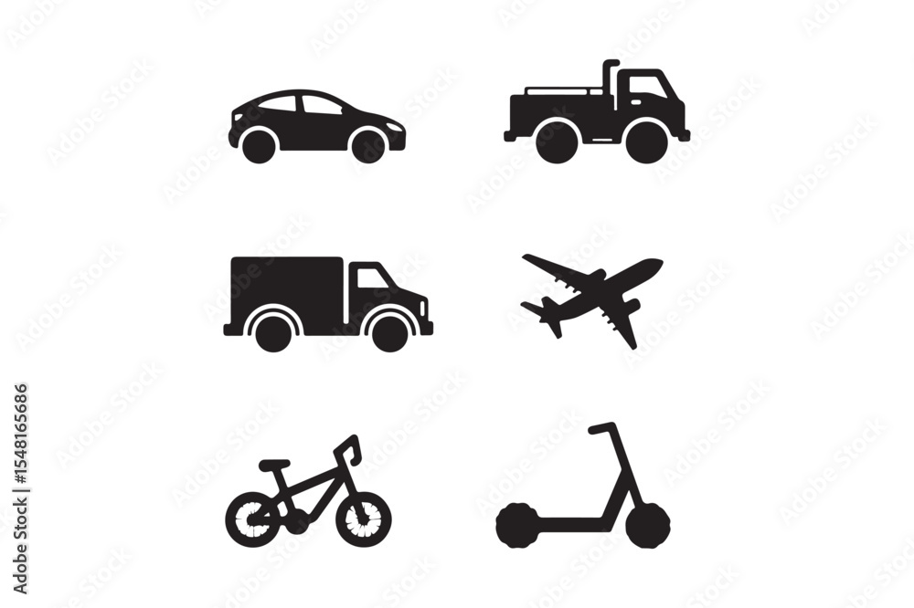 Naklejka premium Transport Icons Pack Car, Truck, Plane, Bike, Scooter, Van Clipart